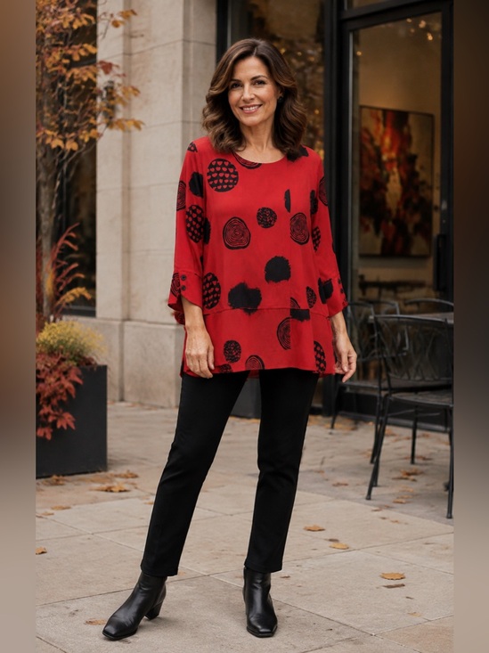 Shana Tops - SHANA RED BLACK ART DECO LAGENLOOK SUMMER TO FALL WHISPY COMFY TUNIC TOP SZ L